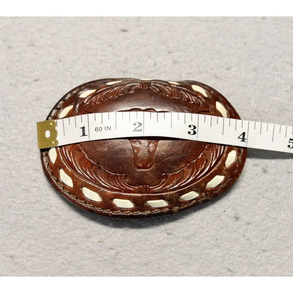 Leather Tooled Western Belt‎ Buckle Long Horn Rodeo Cowboy